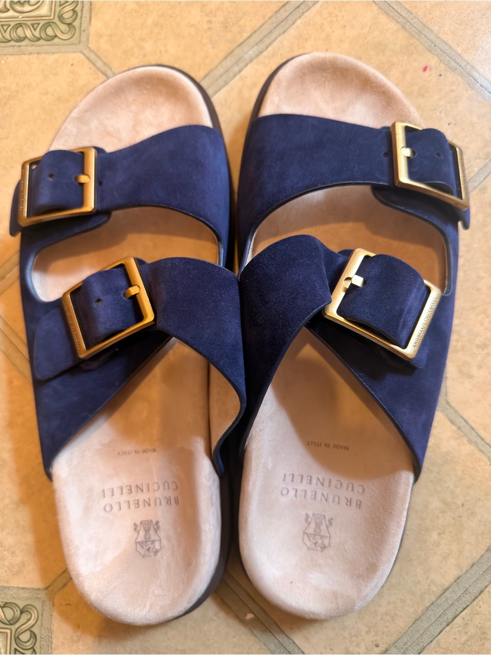 Brunello Cucinelli Navy Suede Double-Buckle Slide Sandals